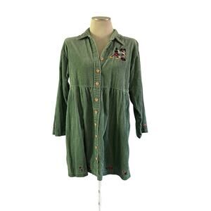 Vtg Disney Y2K 90s Green Corduroy Heart Button Embroidered Dress L Cottagecore